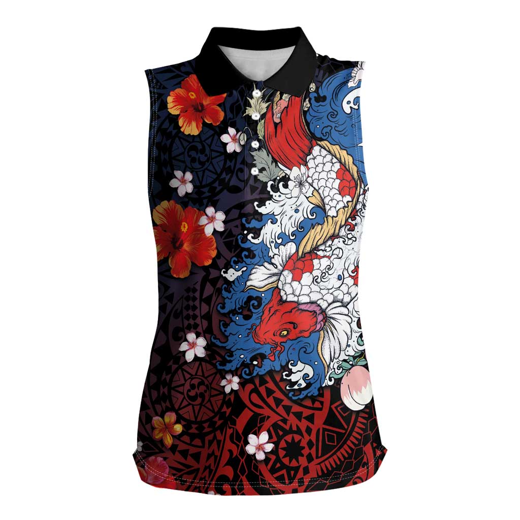 Hawaiian and Japanese Together Women Sleeveless Polo Shirt Hibiscus and Koi Fish Polynesian Pattern Colorful Style LT03 Female Red - Polynesian Pride