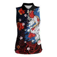 Hawaiian and Japanese Together Women Sleeveless Polo Shirt Hibiscus and Koi Fish Polynesian Pattern Colorful Style LT03 Female Red - Polynesian Pride