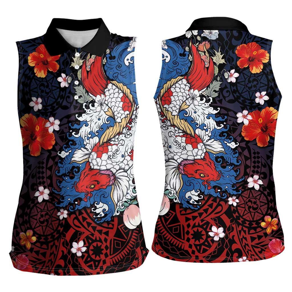 Hawaiian and Japanese Together Women Sleeveless Polo Shirt Hibiscus and Koi Fish Polynesian Pattern Colorful Style LT03 - Polynesian Pride
