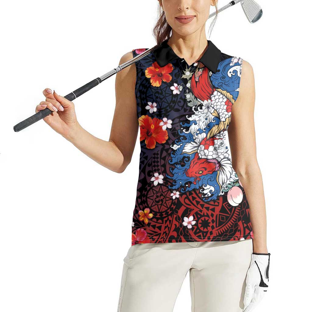 Hawaiian and Japanese Together Women Sleeveless Polo Shirt Hibiscus and Koi Fish Polynesian Pattern Colorful Style LT03 - Polynesian Pride