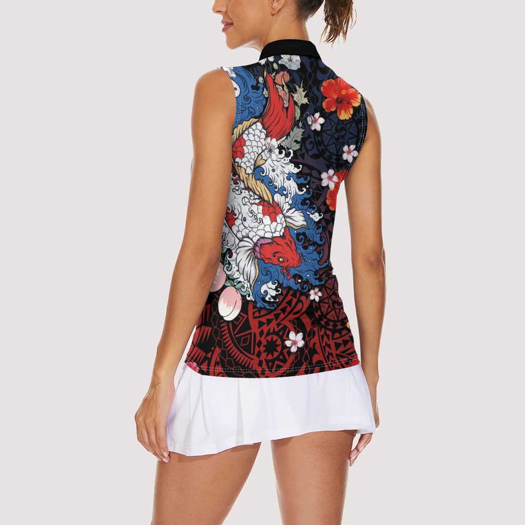Hawaiian and Japanese Together Women Sleeveless Polo Shirt Hibiscus and Koi Fish Polynesian Pattern Colorful Style LT03 - Polynesian Pride
