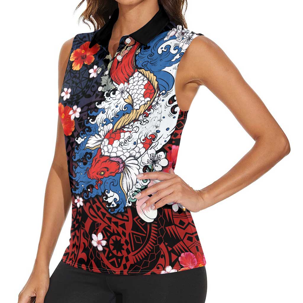Hawaiian and Japanese Together Women Sleeveless Polo Shirt Hibiscus and Koi Fish Polynesian Pattern Colorful Style LT03 - Polynesian Pride