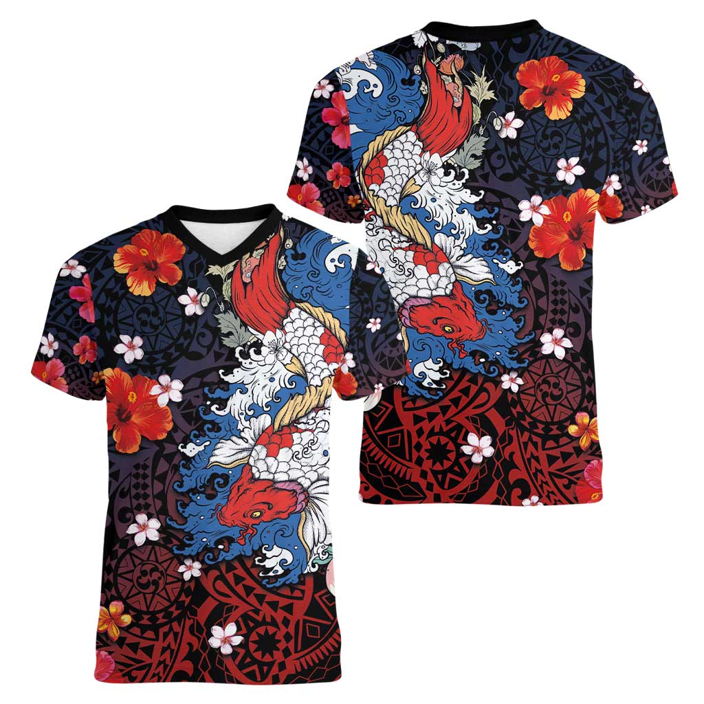 Hawaiian and Japanese Together Women V-Neck T-Shirt Hibiscus and Koi Fish Polynesian Pattern Colorful Style LT03 - Polynesian Pride