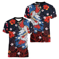 Hawaiian and Japanese Together Women V-Neck T-Shirt Hibiscus and Koi Fish Polynesian Pattern Colorful Style LT03 - Polynesian Pride