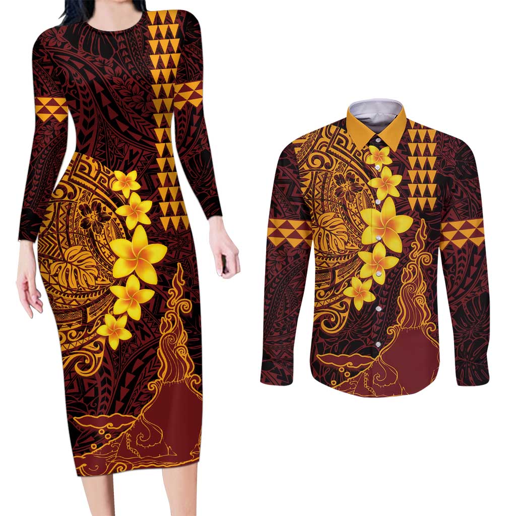 Hawaii Volcano Couples Matching Long Sleeve Bodycon Dress and Long Sleeve Button Shirt Polynesian and Kakau Pattern