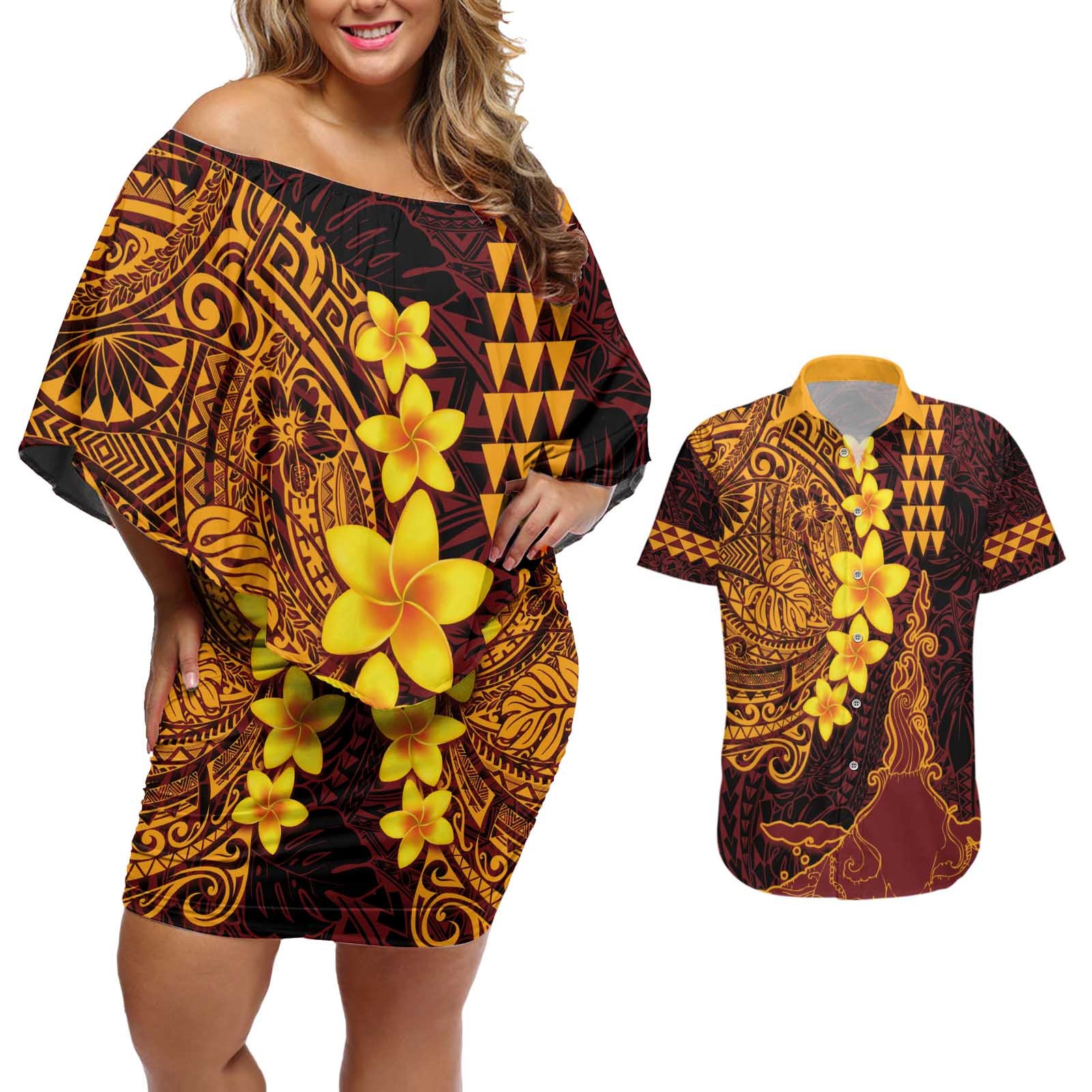 Hawaii Volcano Couples Matching Off Shoulder Short Dress and Hawaiian Shirt Polynesian and Kakau Pattern