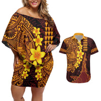 Hawaii Volcano Couples Matching Off Shoulder Short Dress and Hawaiian Shirt Polynesian and Kakau Pattern