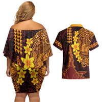 Hawaii Volcano Couples Matching Off Shoulder Short Dress and Hawaiian Shirt Polynesian and Kakau Pattern