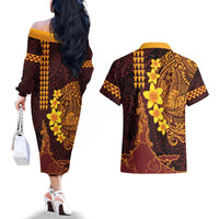Hawaii Volcano Couples Matching Off The Shoulder Long Sleeve Dress and Hawaiian Shirt Polynesian and Kakau Pattern