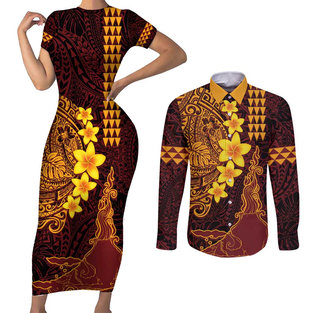 Hawaii Volcano Couples Matching Short Sleeve Bodycon Dress and Long Sleeve Button Shirt Polynesian and Kakau Pattern