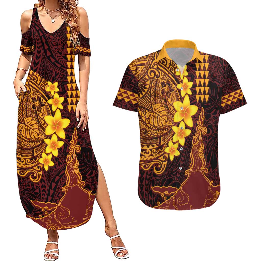 Hawaii Volcano Couples Matching Summer Maxi Dress and Hawaiian Shirt Polynesian and Kakau Pattern