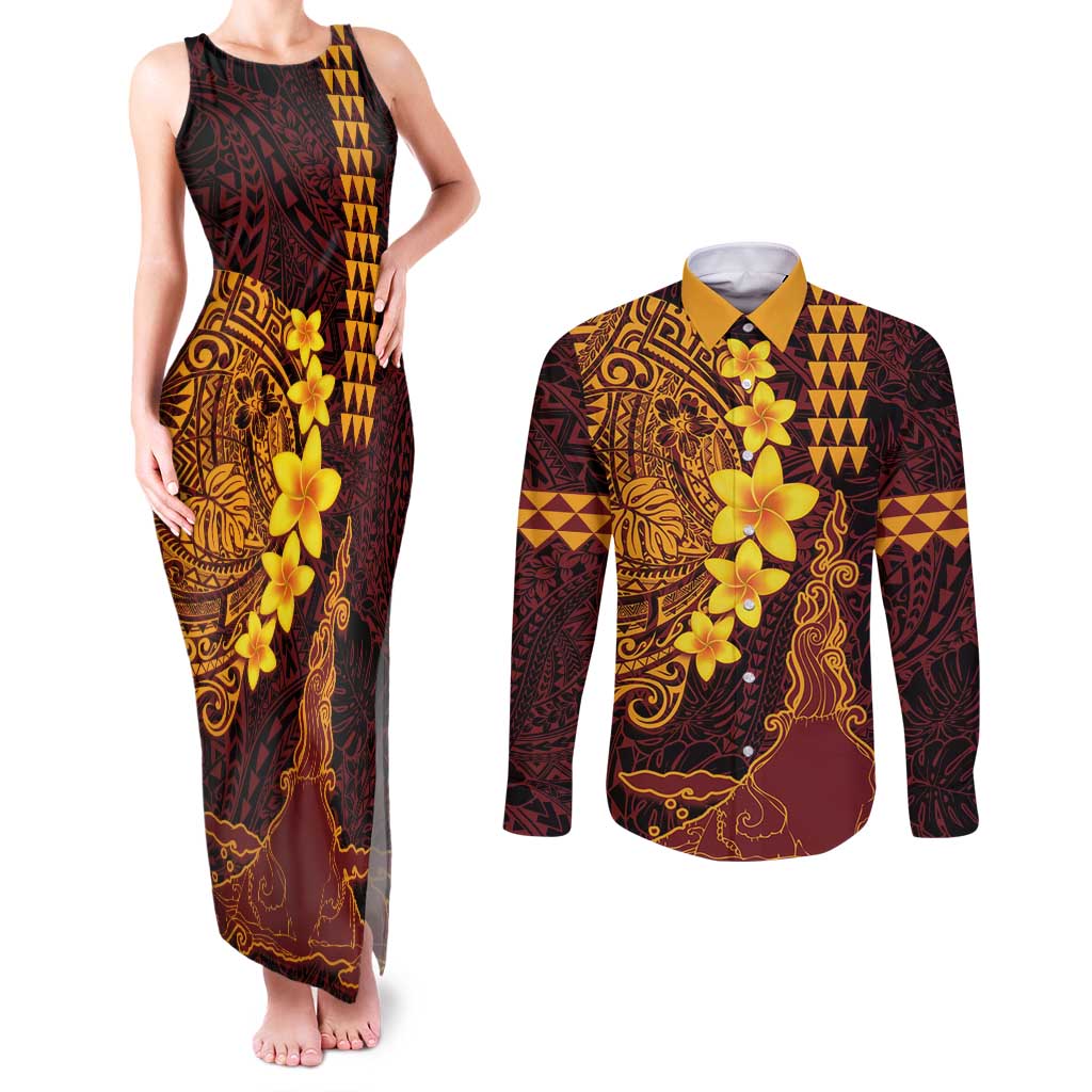 Hawaii Volcano Couples Matching Tank Maxi Dress and Long Sleeve Button Shirt Polynesian and Kakau Pattern