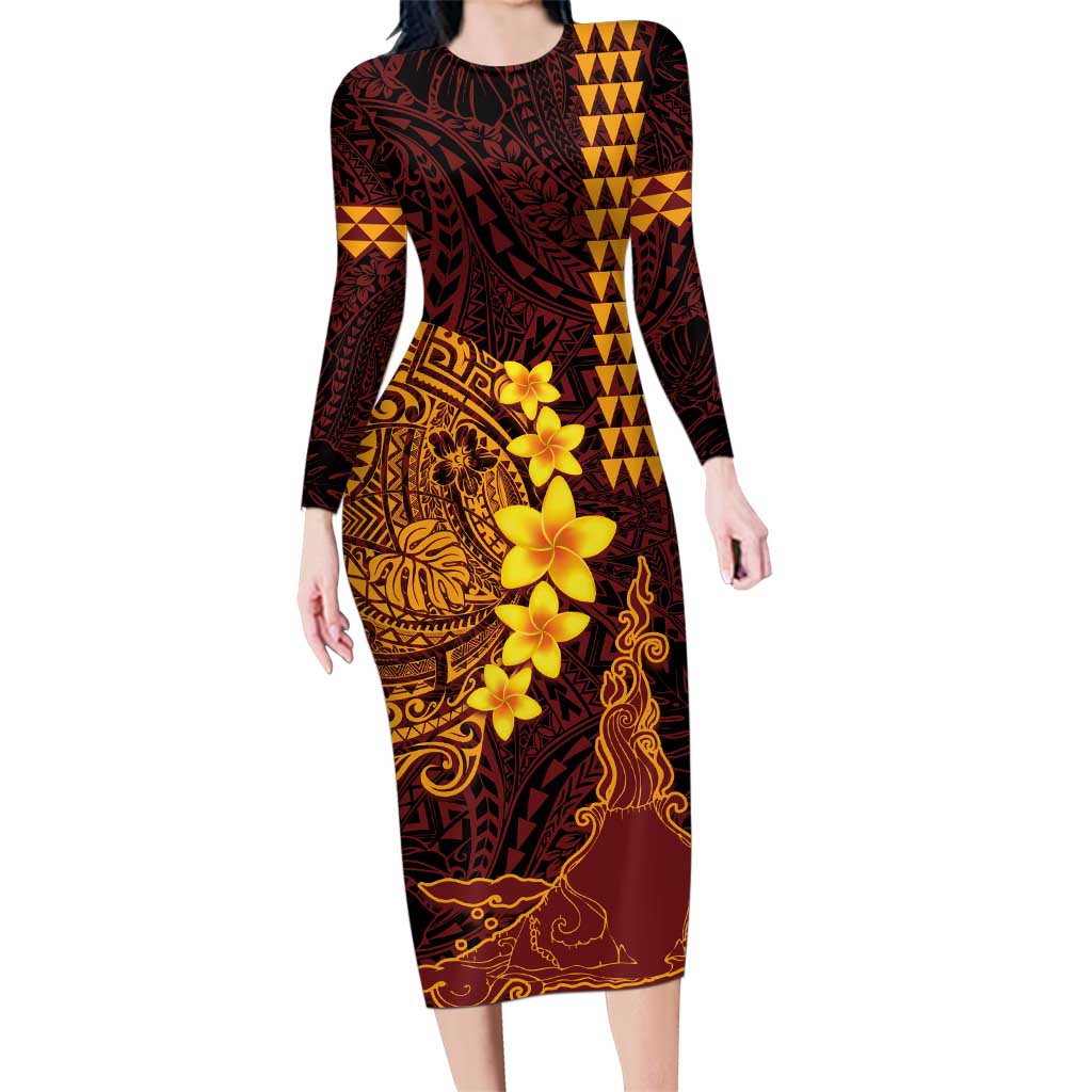 Hawaii Volcano Family Matching Long Sleeve Bodycon Dress and Hawaiian Shirt Polynesian and Kakau Pattern
