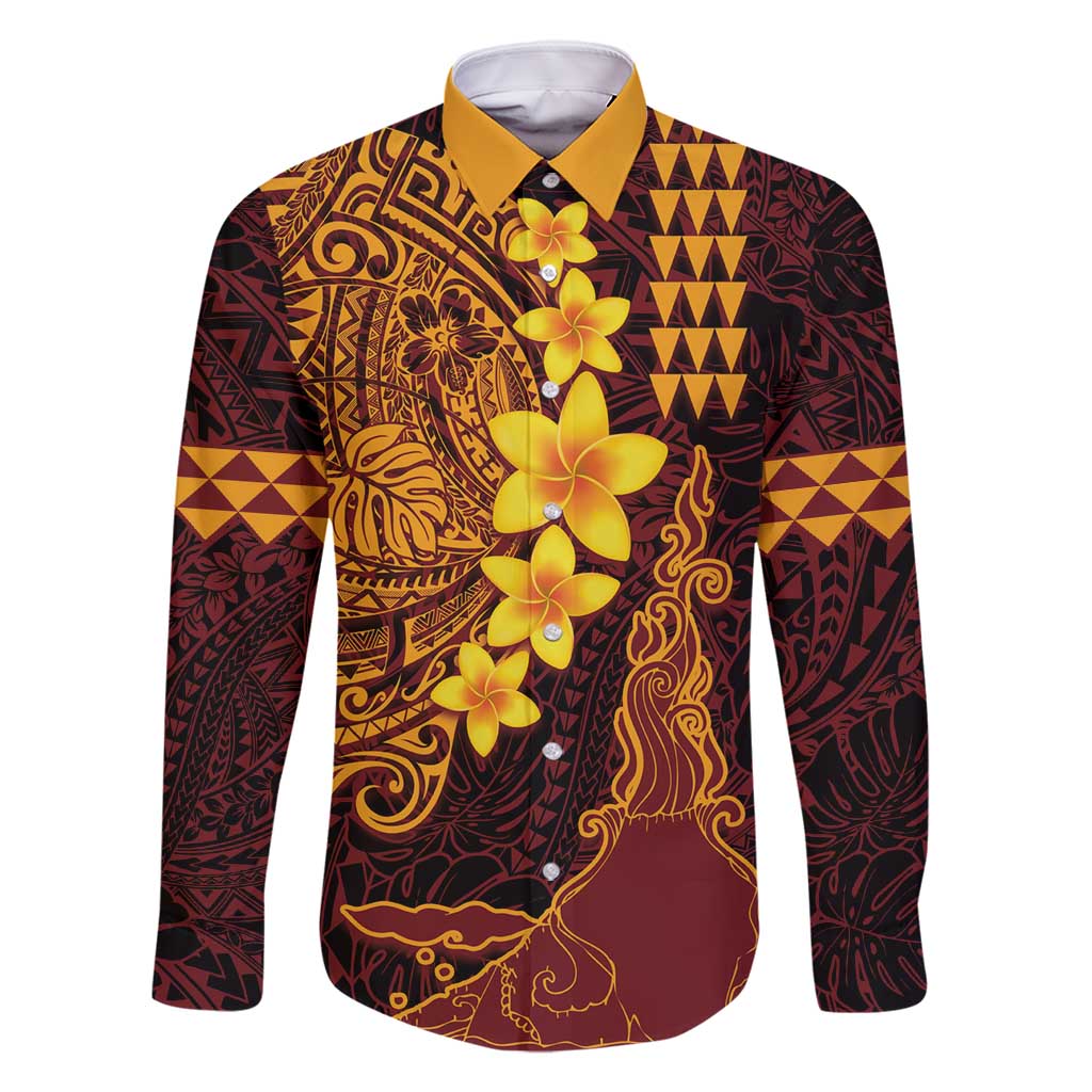 Hawaii Volcano Family Matching Off Shoulder Maxi Dress and Hawaiian Shirt Polynesian and Kakau Pattern LT03 Dad's Shirt - Long Sleeve Red - Polynesian Pride