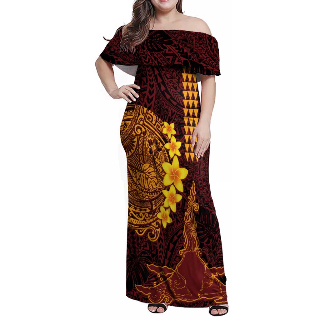 Hawaii Volcano Family Matching Off Shoulder Maxi Dress and Hawaiian Shirt Polynesian and Kakau Pattern LT03 Mom's Dress Red - Polynesian Pride