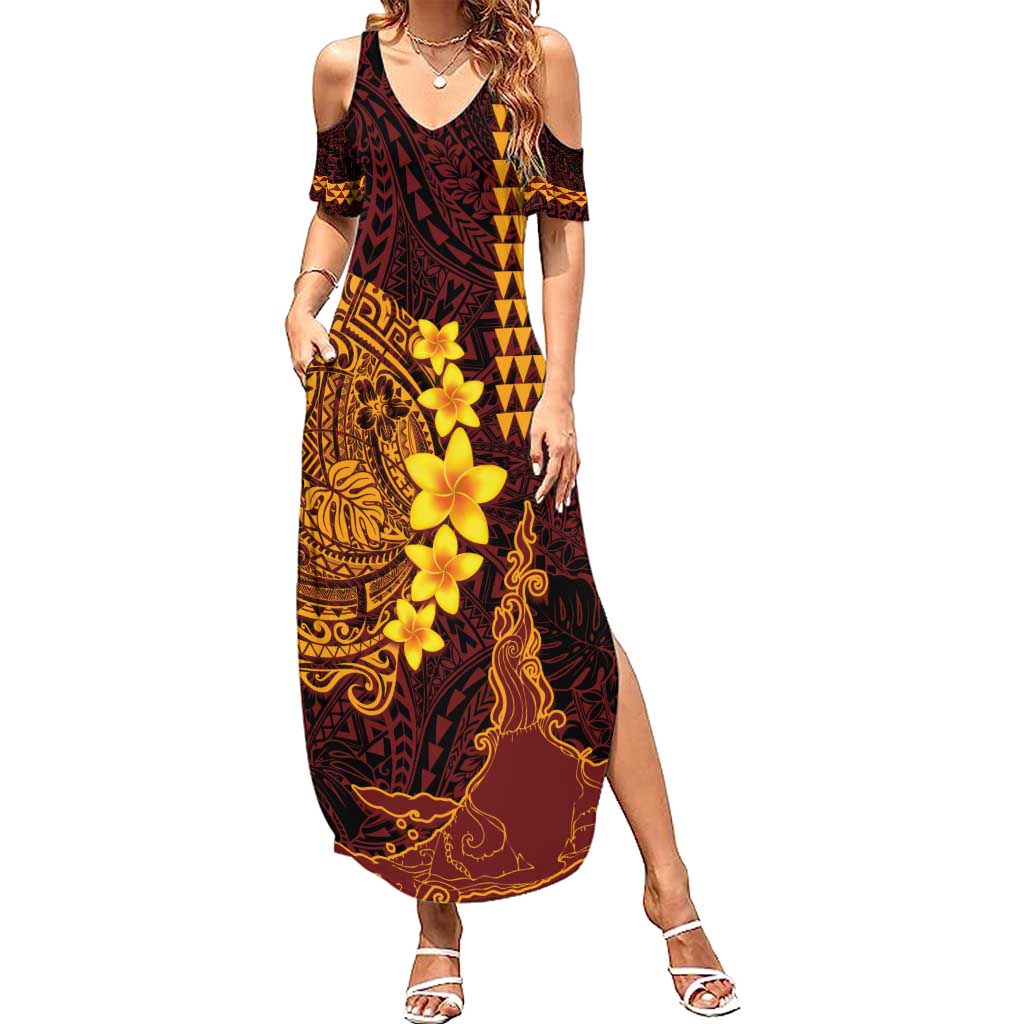 Hawaii Volcano Family Matching Summer Maxi Dress and Hawaiian Shirt Polynesian and Kakau Pattern