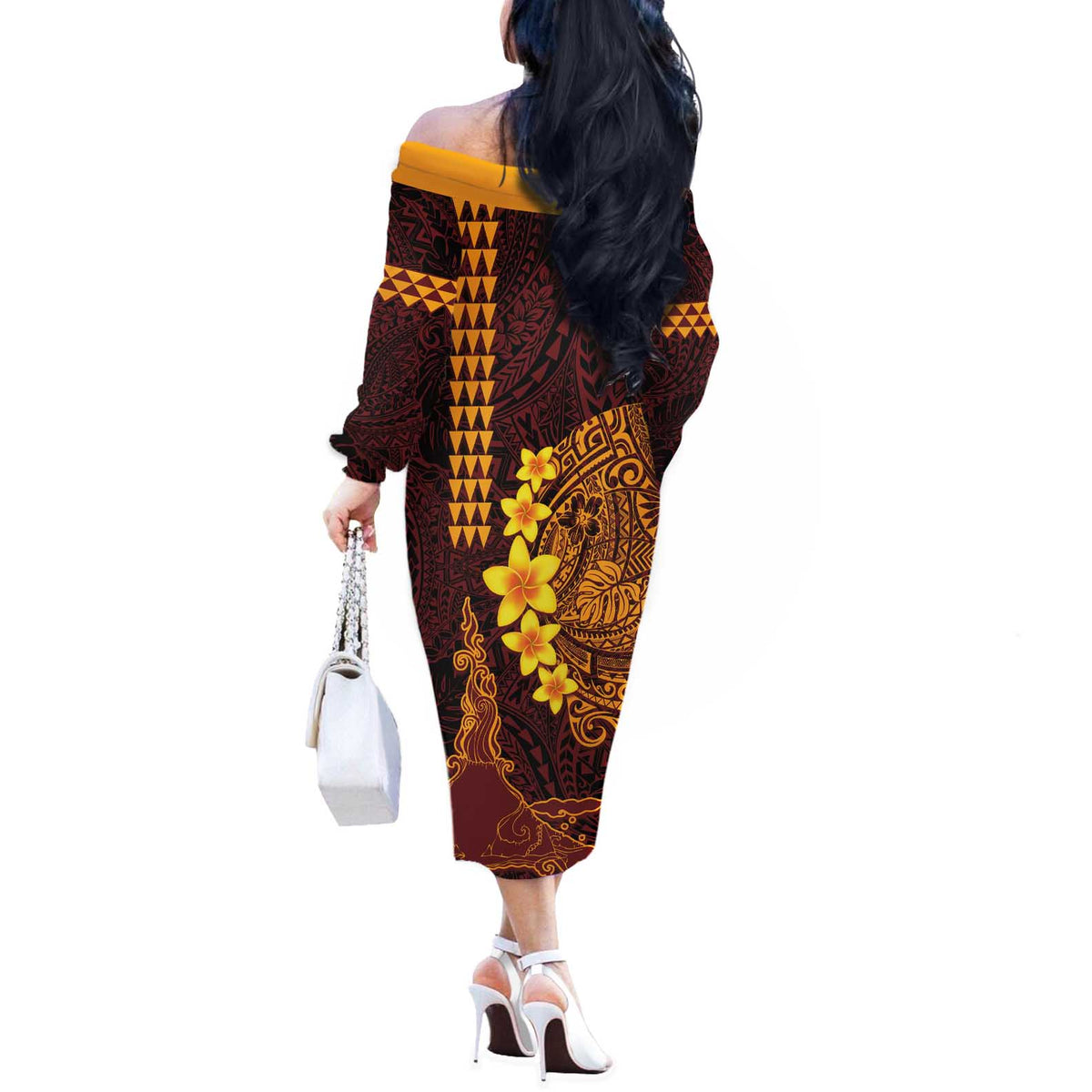 Hawaii Volcano Off The Shoulder Long Sleeve Dress Polynesian and Kakau Pattern LT03 - Polynesian Pride