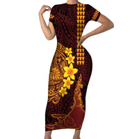 Hawaii Volcano Short Sleeve Bodycon Dress Polynesian and Kakau Pattern LT03 Long Dress Red - Polynesian Pride