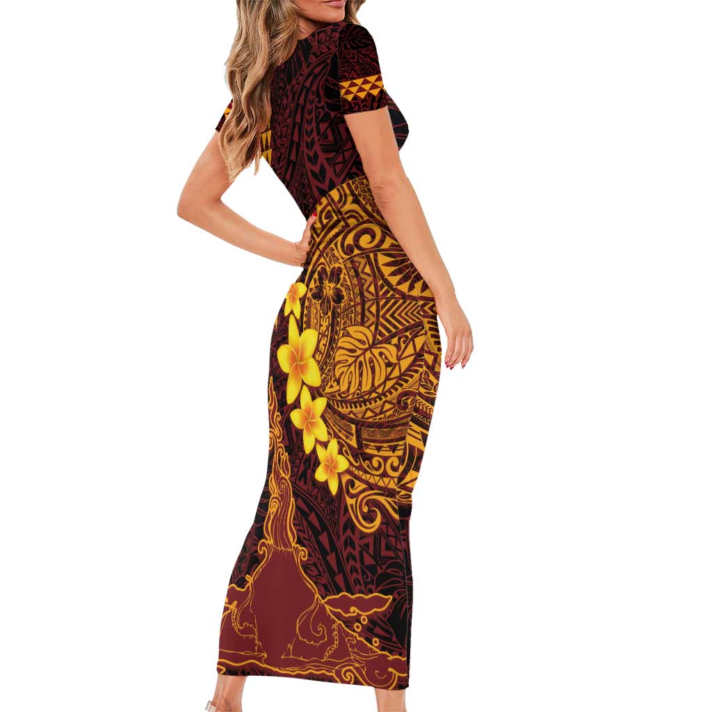 Hawaii Volcano Short Sleeve Bodycon Dress Polynesian and Kakau Pattern LT03 - Polynesian Pride