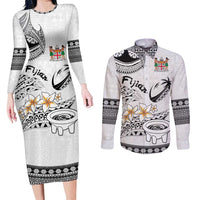 Fijian Traditional Culture Couples Matching Long Sleeve Bodycon Dress and Long Sleeve Button Shirt Tapa Tribal Tattoos LT03 White - Polynesian Pride
