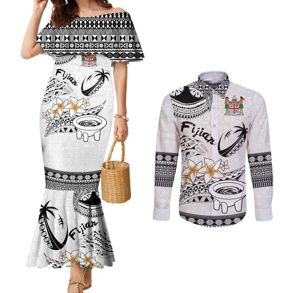 Fijian Traditional Culture Couples Matching Mermaid Dress and Long Sleeve Button Shirt Tapa Tribal Tattoos LT03 White - Polynesian Pride