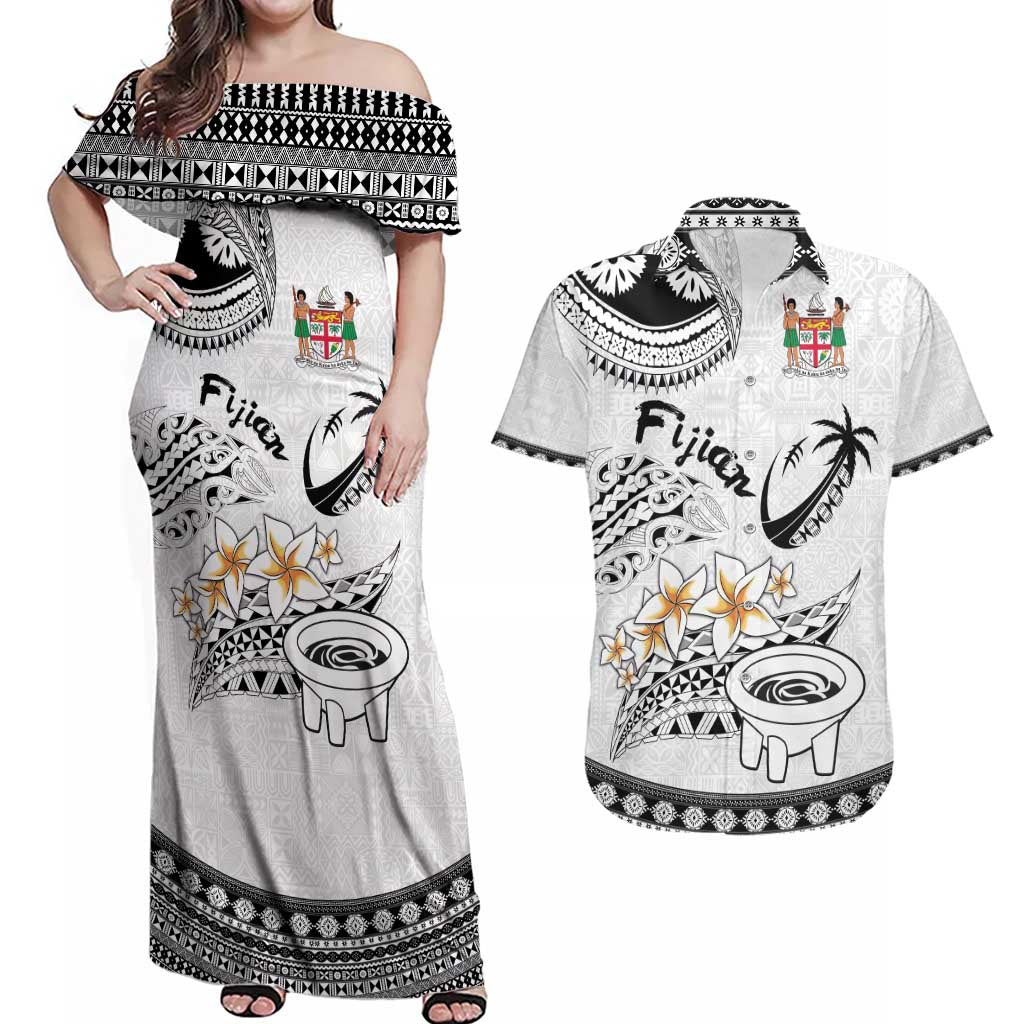 Fijian Traditional Culture Couples Matching Off Shoulder Maxi Dress and Hawaiian Shirt Tapa Tribal Tattoos LT03 White - Polynesian Pride