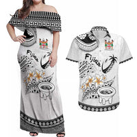 Fijian Traditional Culture Couples Matching Off Shoulder Maxi Dress and Hawaiian Shirt Tapa Tribal Tattoos LT03 White - Polynesian Pride
