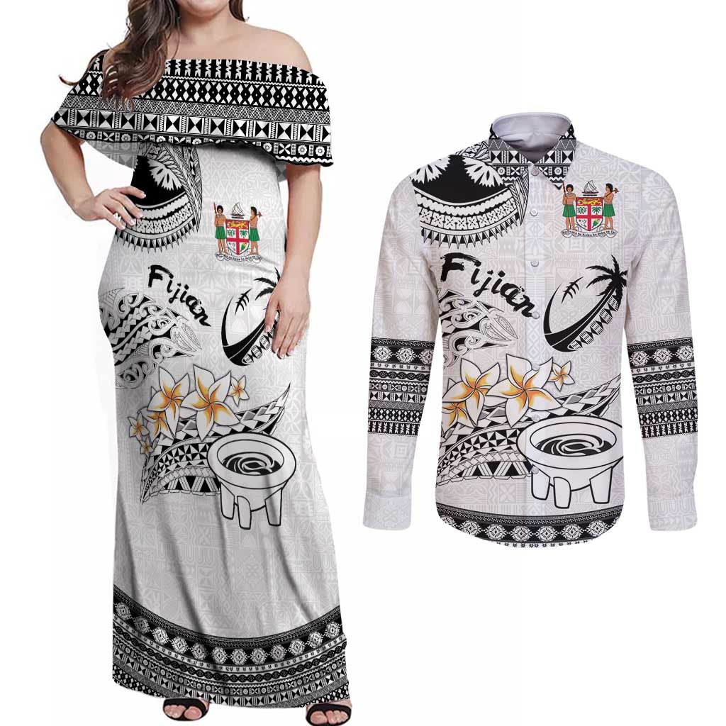 Fijian Traditional Culture Couples Matching Off Shoulder Maxi Dress and Long Sleeve Button Shirt Tapa Tribal Tattoos LT03 White - Polynesian Pride