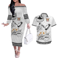 Fijian Traditional Culture Couples Matching Off The Shoulder Long Sleeve Dress and Hawaiian Shirt Tapa Tribal Tattoos LT03 White - Polynesian Pride