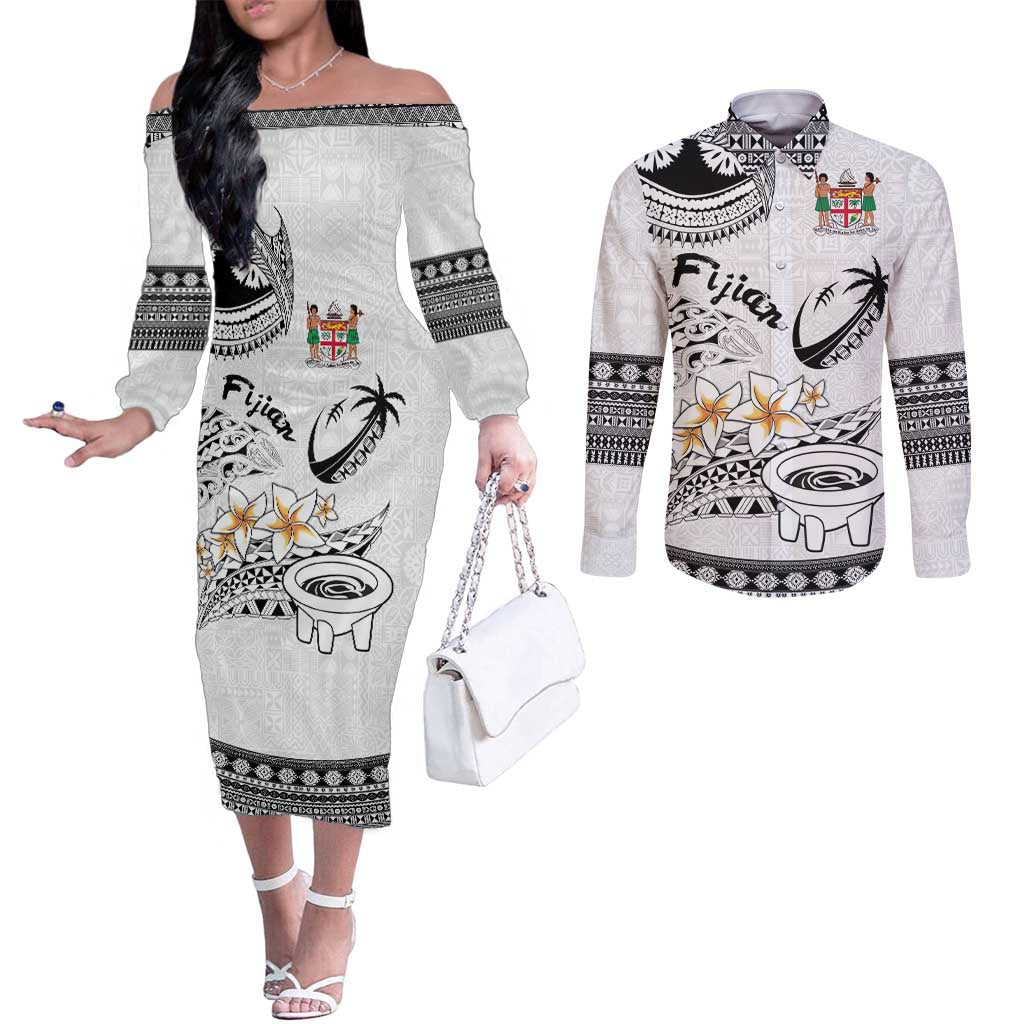 Fijian Traditional Culture Couples Matching Off The Shoulder Long Sleeve Dress and Long Sleeve Button Shirt Tapa Tribal Tattoos LT03 White - Polynesian Pride