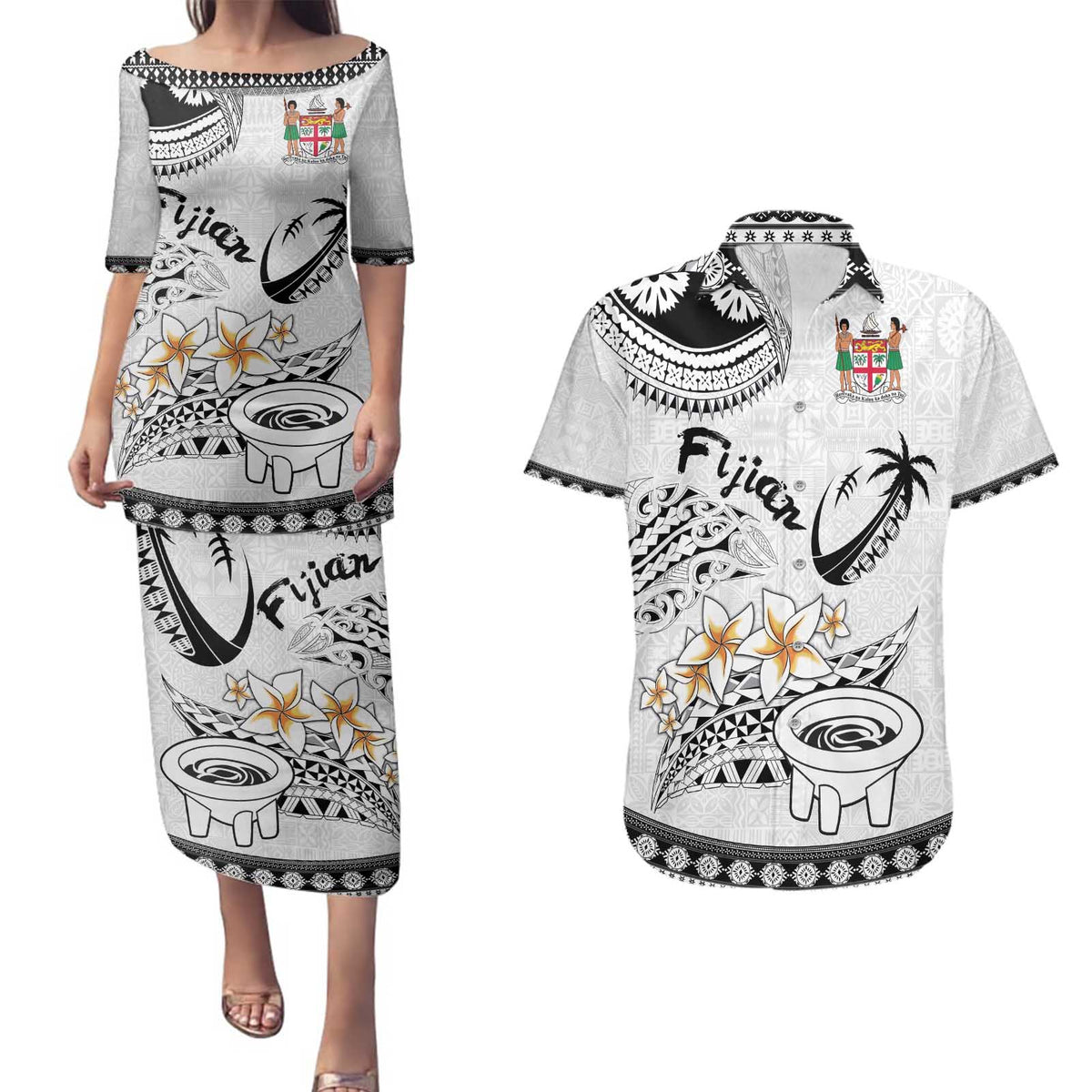 Fijian Traditional Culture Couples Matching Puletasi and Hawaiian Shirt Tapa Tribal Tattoos LT03 White - Polynesian Pride