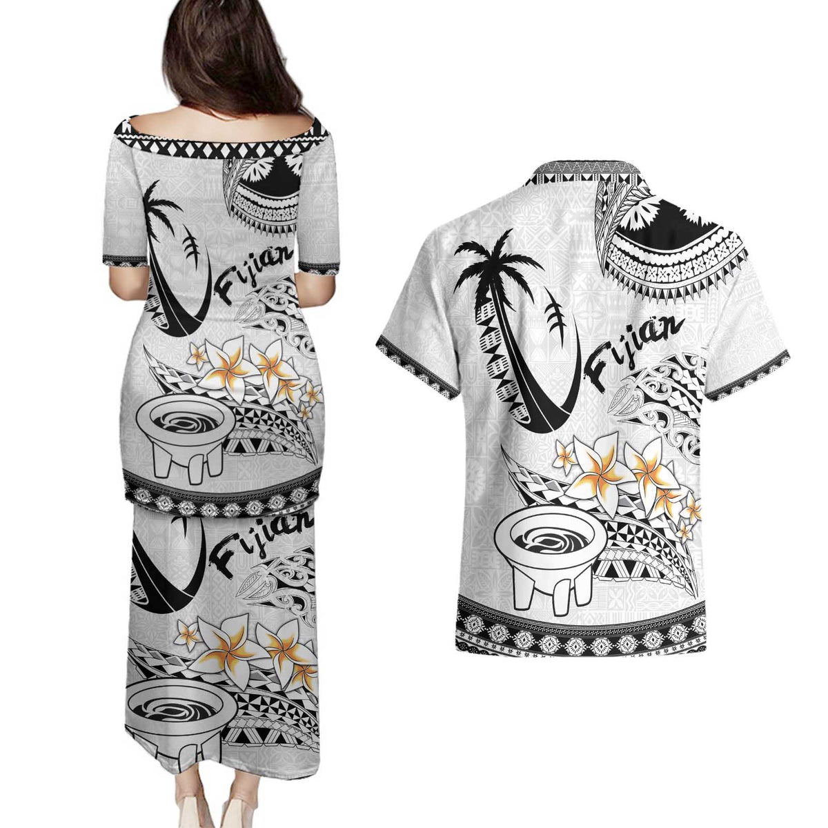 Fijian Traditional Culture Couples Matching Puletasi and Hawaiian Shirt Tapa Tribal Tattoos LT03 - Polynesian Pride