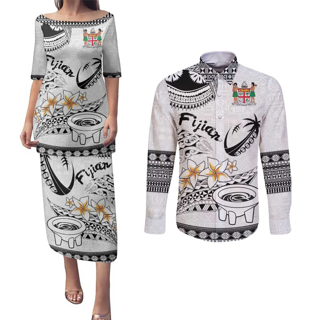 Fijian Traditional Culture Couples Matching Puletasi and Long Sleeve Button Shirt Tapa Tribal Tattoos LT03 White - Polynesian Pride