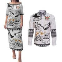 Fijian Traditional Culture Couples Matching Puletasi and Long Sleeve Button Shirt Tapa Tribal Tattoos LT03 White - Polynesian Pride