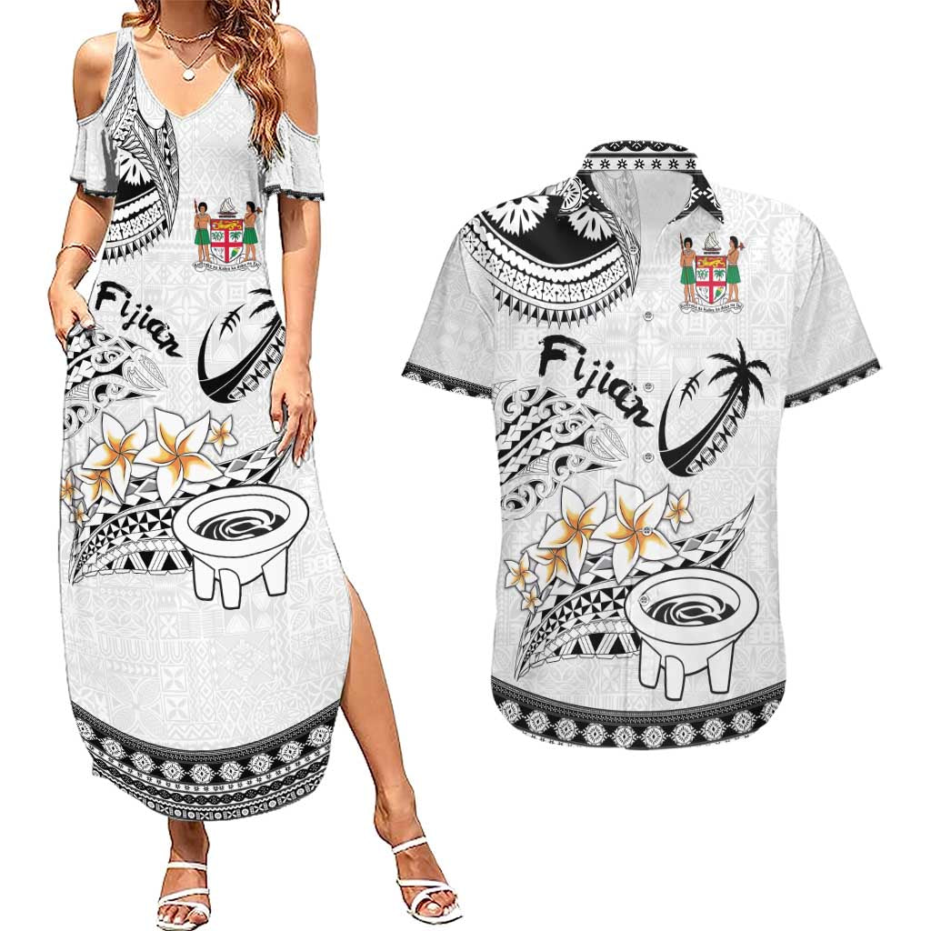 Fijian Traditional Culture Couples Matching Summer Maxi Dress and Hawaiian Shirt Tapa Tribal Tattoos LT03 White - Polynesian Pride