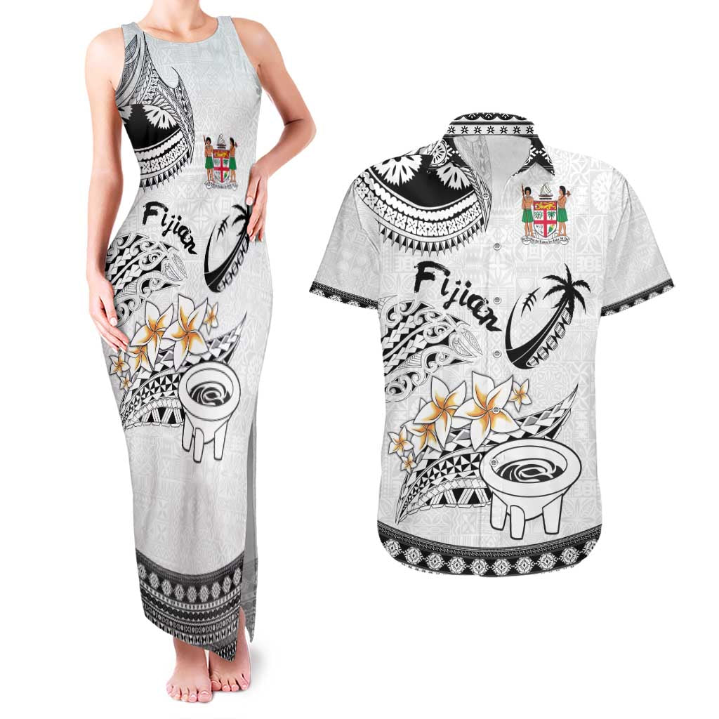 Fijian Traditional Culture Couples Matching Tank Maxi Dress and Hawaiian Shirt Tapa Tribal Tattoos LT03 White - Polynesian Pride