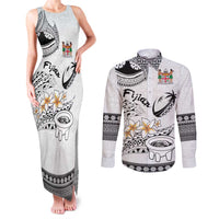 Fijian Traditional Culture Couples Matching Tank Maxi Dress and Long Sleeve Button Shirt Tapa Tribal Tattoos LT03 White - Polynesian Pride
