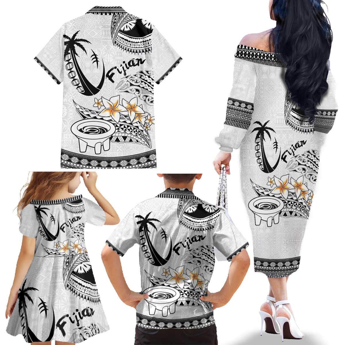 Fijian Traditional Culture Family Matching Off The Shoulder Long Sleeve Dress and Hawaiian Shirt Tapa Tribal Tattoos LT03 - Polynesian Pride