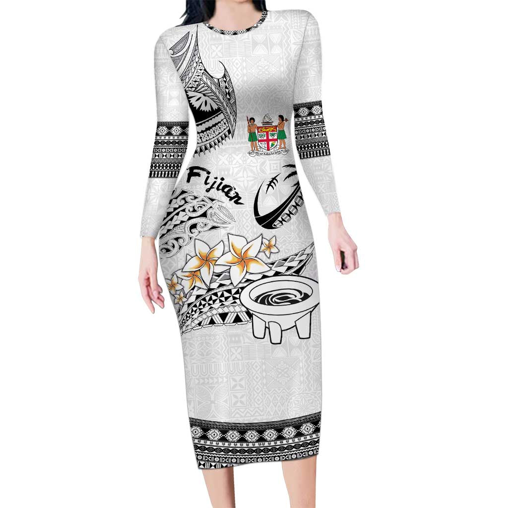 Fijian Traditional Culture Long Sleeve Bodycon Dress Tapa Tribal Tattoos LT03 Long Dress White - Polynesian Pride