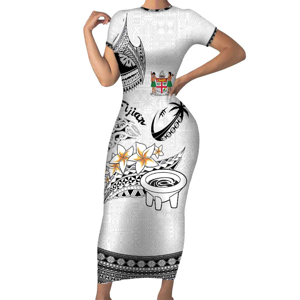 Fijian Traditional Culture Short Sleeve Bodycon Dress Tapa Tribal Tattoos LT03 Long Dress White - Polynesian Pride