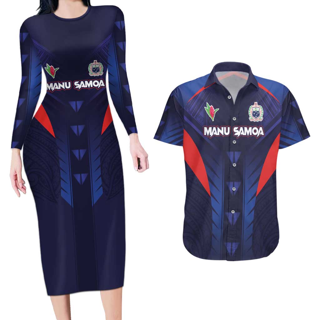 Custom Rugby Samoa Couples Matching Long Sleeve Bodycon Dress and Hawaiian Shirt Siva Tau Spirit Sporty Vibes - Polynesian Pride