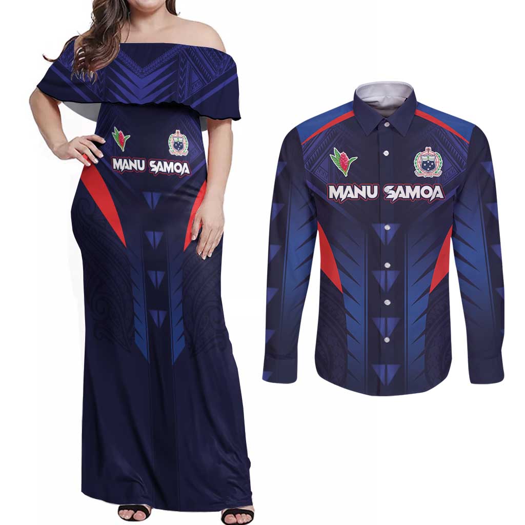 Custom Rugby Samoa Couples Matching Off Shoulder Maxi Dress and Long Sleeve Button Shirt Siva Tau Spirit Sporty Vibes LT03 Navy - Polynesian Pride