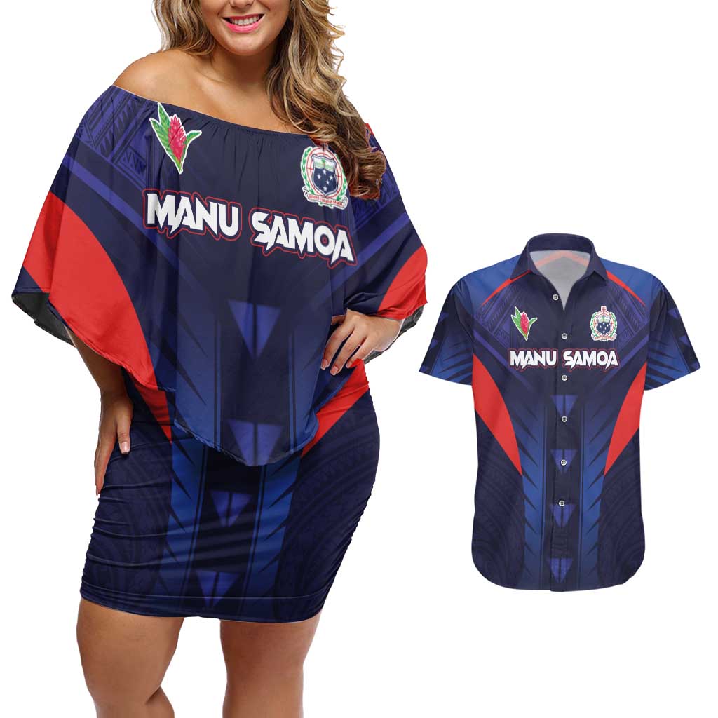 Custom Rugby Samoa Couples Matching Off Shoulder Short Dress and Hawaiian Shirt Siva Tau Spirit Sporty Vibes LT03 Navy - Polynesian Pride