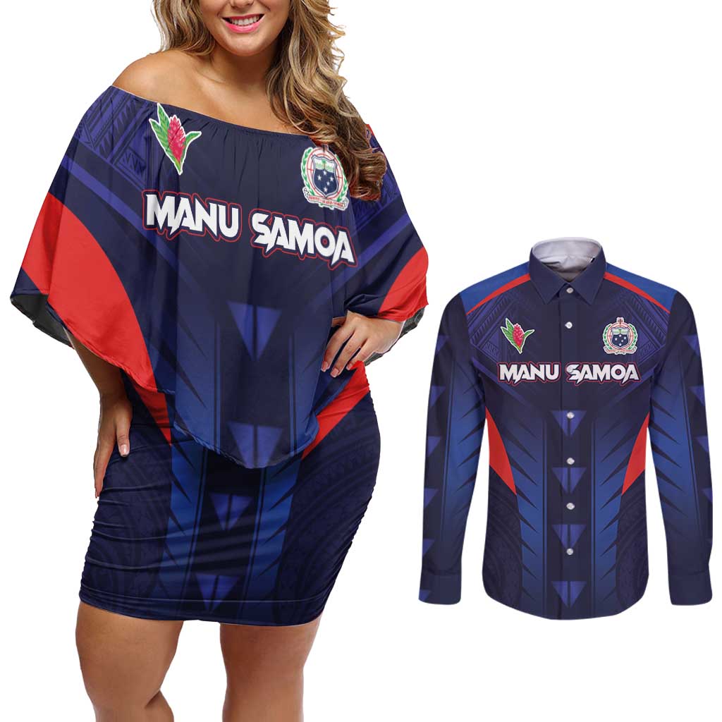 Custom Rugby Samoa Couples Matching Off Shoulder Short Dress and Long Sleeve Button Shirt Siva Tau Spirit Sporty Vibes LT03 Navy - Polynesian Pride