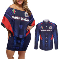 Custom Rugby Samoa Couples Matching Off Shoulder Short Dress and Long Sleeve Button Shirt Siva Tau Spirit Sporty Vibes LT03 Navy - Polynesian Pride