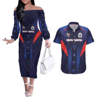Custom Rugby Samoa Couples Matching Off The Shoulder Long Sleeve Dress and Hawaiian Shirt Siva Tau Spirit Sporty Vibes LT03 Navy - Polynesian Pride