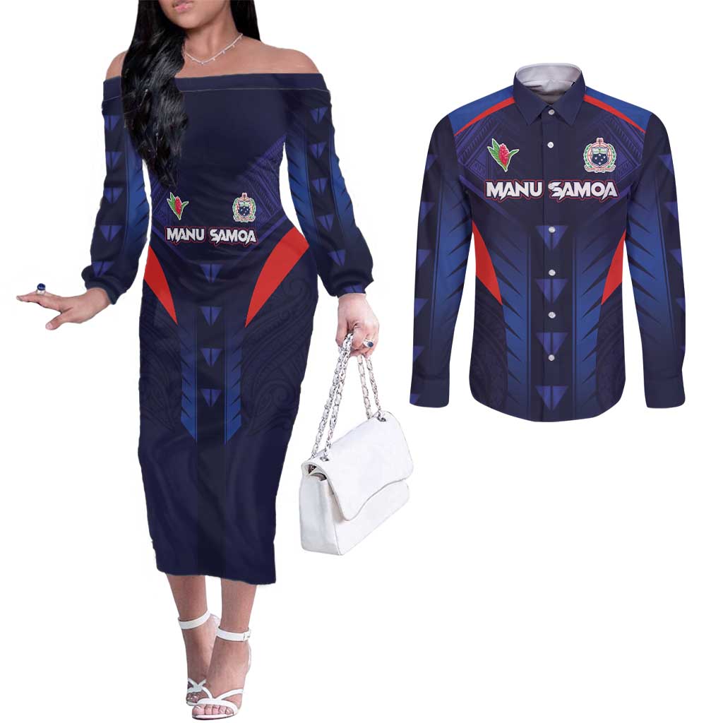 Custom Rugby Samoa Couples Matching Off The Shoulder Long Sleeve Dress and Long Sleeve Button Shirt Siva Tau Spirit Sporty Vibes LT03 Navy - Polynesian Pride