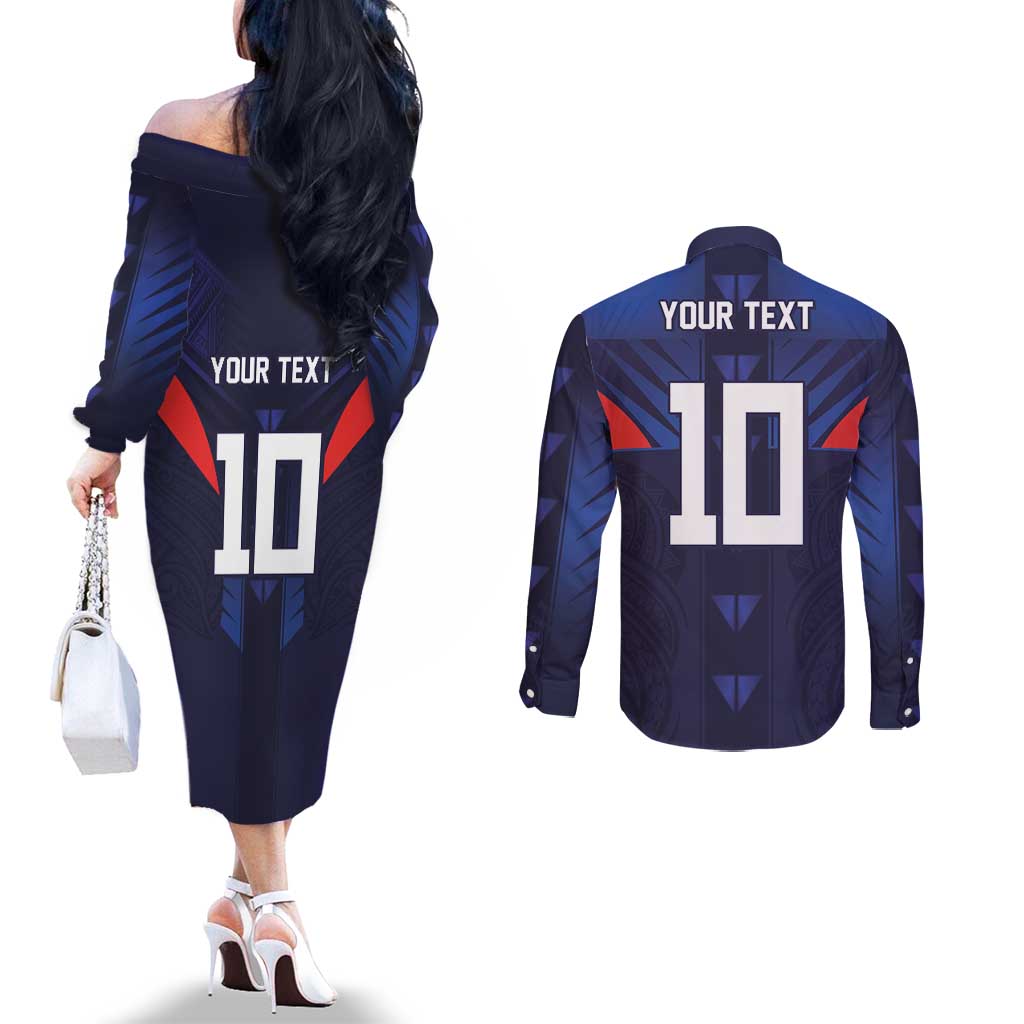 Custom Rugby Samoa Couples Matching Off The Shoulder Long Sleeve Dress and Long Sleeve Button Shirt Siva Tau Spirit Sporty Vibes LT03 - Polynesian Pride