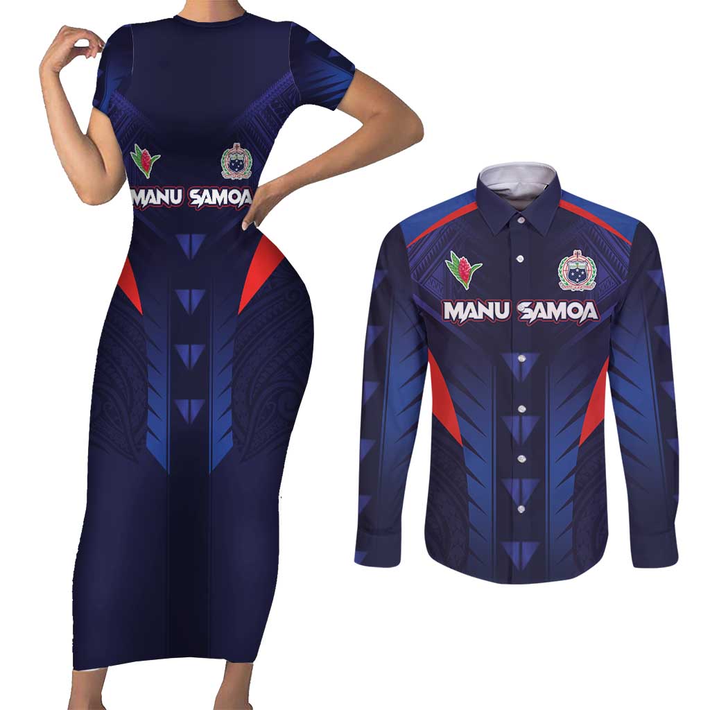 Custom Rugby Samoa Couples Matching Short Sleeve Bodycon Dress and Long Sleeve Button Shirt Siva Tau Spirit Sporty Vibes LT03 Navy - Polynesian Pride