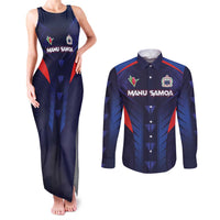 Custom Rugby Samoa Couples Matching Tank Maxi Dress and Long Sleeve Button Shirt Siva Tau Spirit Sporty Vibes LT03 Navy - Polynesian Pride